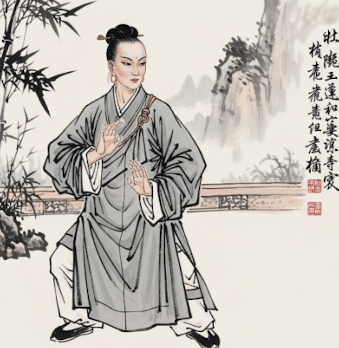 "traditional Wing Chun martial artist performing a classic stance in a Chinese ink painting with bamboo and mountains"